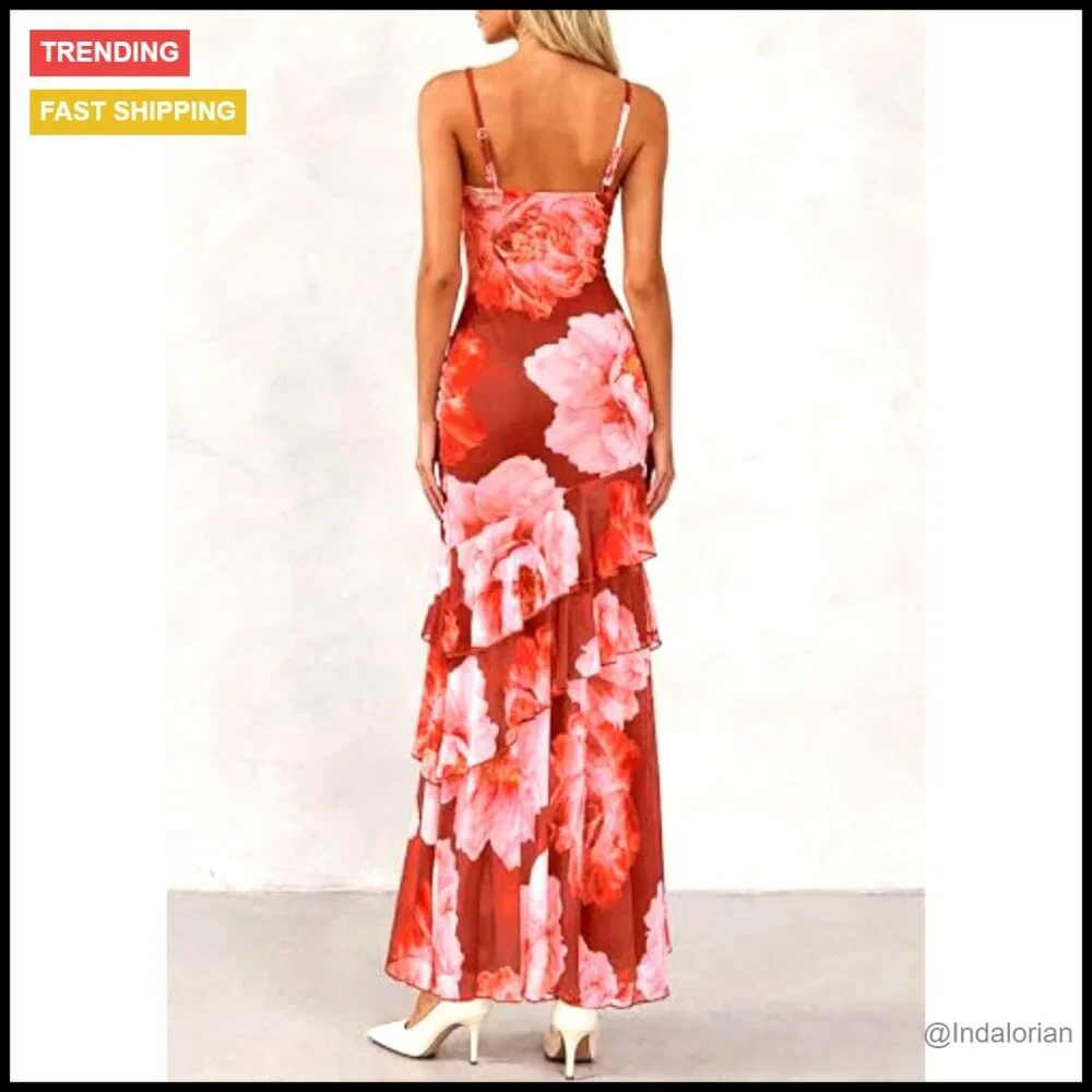 Tiered Floral Maxi Dress Spaghetti Strap Beach Wedding Guest Long Sundress - Picture 2 of 7